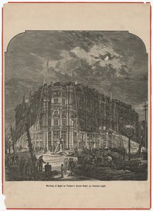 Travail de nuit sur le Grand Hôtel Palmer à la lumière du calcium, illustration de The Land Owner, vers 1872 - American School
